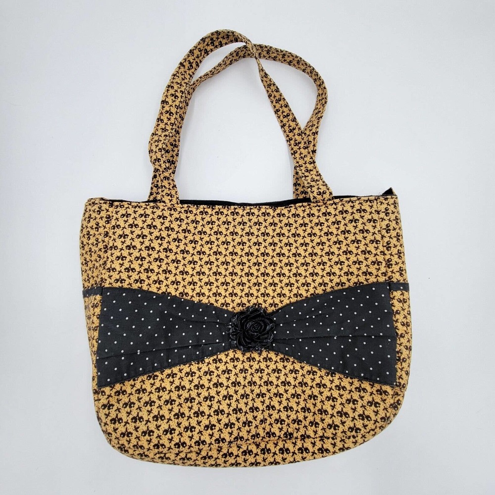 Floral Yellow Black Soft Knit Fabric Handbag Black Rose Lined Black White